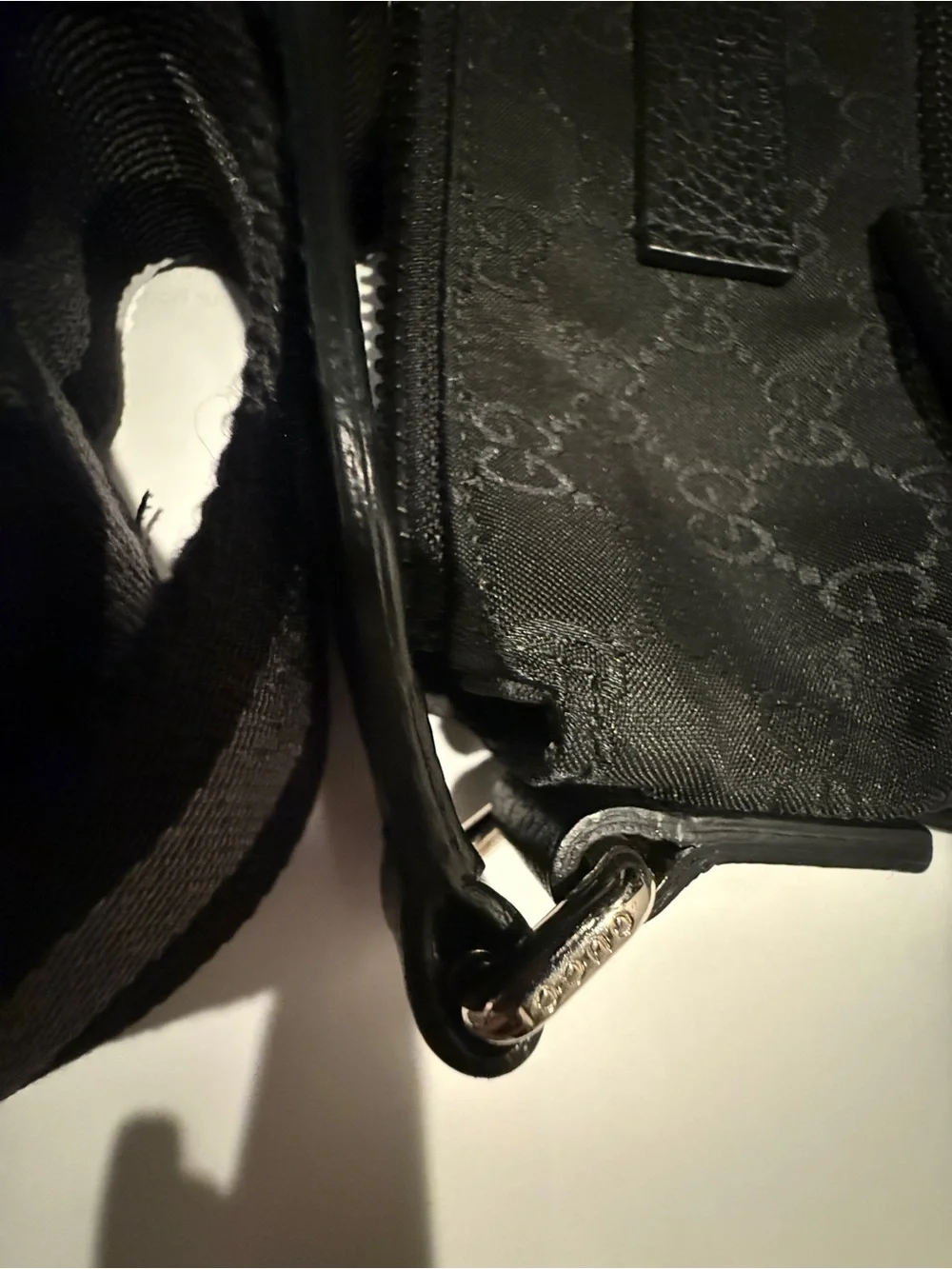 Authentic Gucci Black GG Monogram Messenger Bag with Striped Strap
